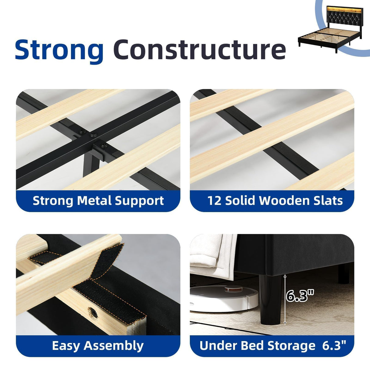 HOMBCK Full Size Bed Frame with LED Lights, Velvet Upholstered Bed Frame Full with Charging Station and Storage Headboard, Modern Diamond and Rivet Design, No Box Spring Needed, Easy Assembly, Black HOMBCK