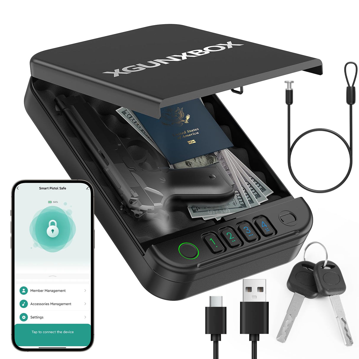 Gun Safe, Upgrade APP Control Portable Small Pistol Safe Travel Case, Biometric Gun Safes for Handgun, Fingerprint Quick Access Gun Box with Keys, Keypad and USB-C Port for Home Bedside Nightstand Car XGUNXBOX