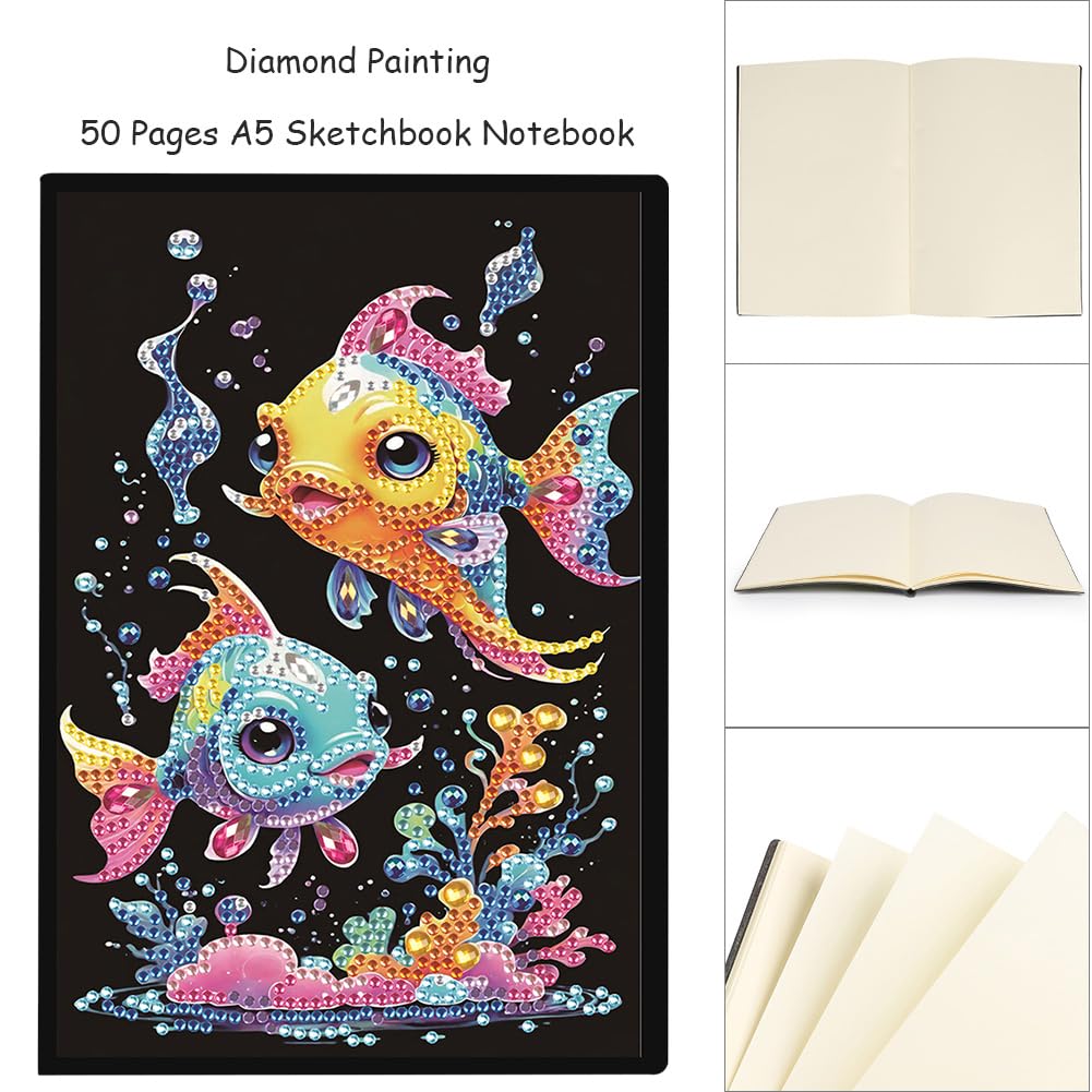 5D Diamond Art Painting Notebook Kits Fish Cover Leather DIY Special Shaped Journal Sketchbook Cross Stitch Diamond Art Hardcover Dairy Book Festival Birthday Gift Generic