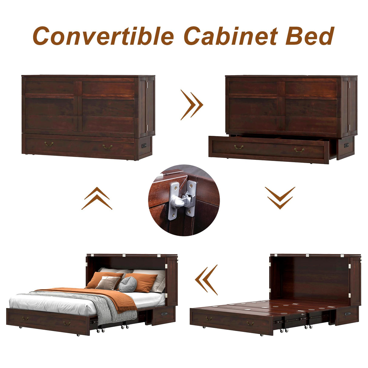 TrendTerrace Solid Wood Murphy Bed Queen: Murphy Chest Queen Deep Brown Red Murphy Bed Cabinet with USB Port, Wall Murphy Chest with Large Drawer for Home/Guest Room (Without Mattress) TrendTerrace