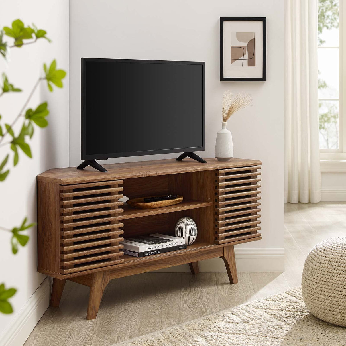 Modway Render Mid-Century Modern Low Profile Corner Media TV Stand in Wal, 15 x 46 x 23 Modway