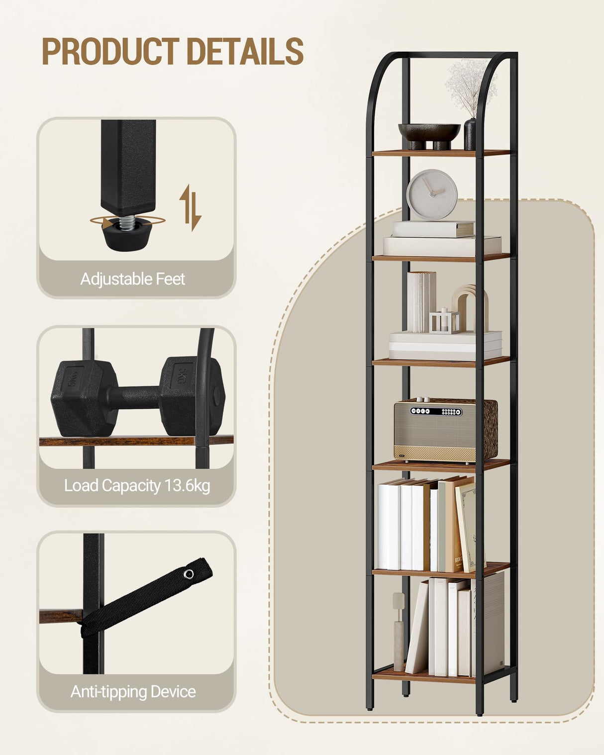 Hzuaneri Bookshelf Narrow Bookcase, Tall Storage Rack with Steel Frame, Display Standing Shelf Unit, Skinny Book Shelf for Study Living Room Home Office, Industrial Style, 6-Tier Rustic Brown BC56001B