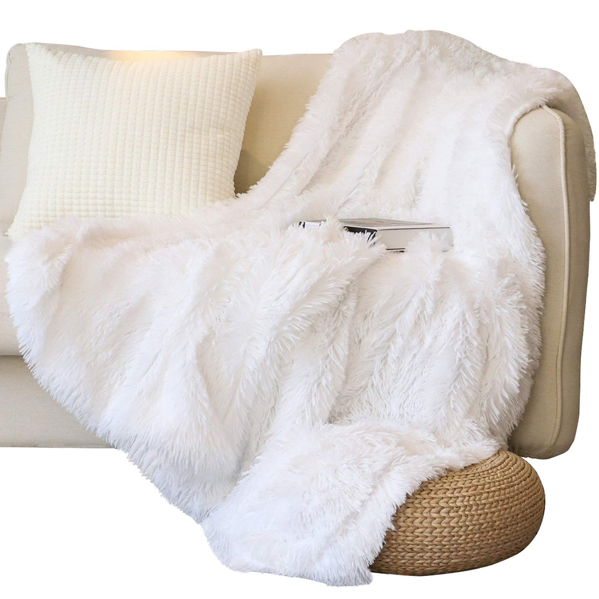 Tuddrom Decorative Extra Soft Faux Fur Throw Blanket 50" x 60",Solid Reversible Fuzzy Long Hair Shaggy Blanket,Fluffy Cozy Plush Fleece Comfy Microfiber Fur Blanket for Couch Sofa Bed,Pure White Tuddrom