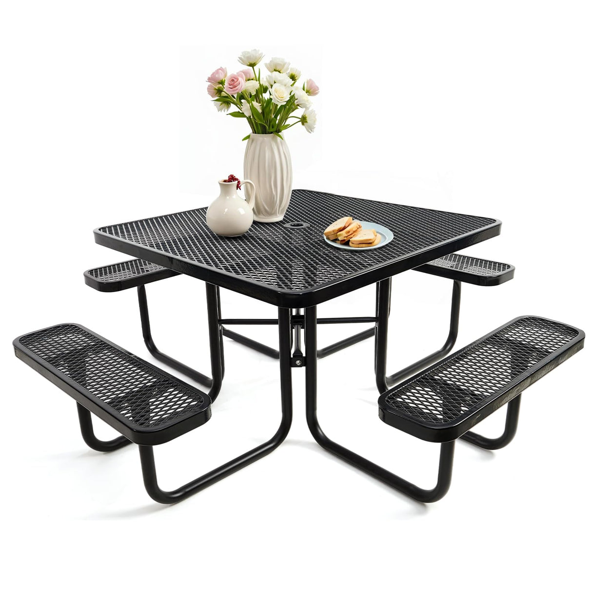 47'' Heavy-Duty Metal Picnic Tables with Umbrella Hole, Outdoor Steel Heavy Duty Commercial Grade Black Table, Outdoor Bench Set for Lawn, Patio, Park, Yard, Garden, Porch (Set A, Square) Yorkgargen