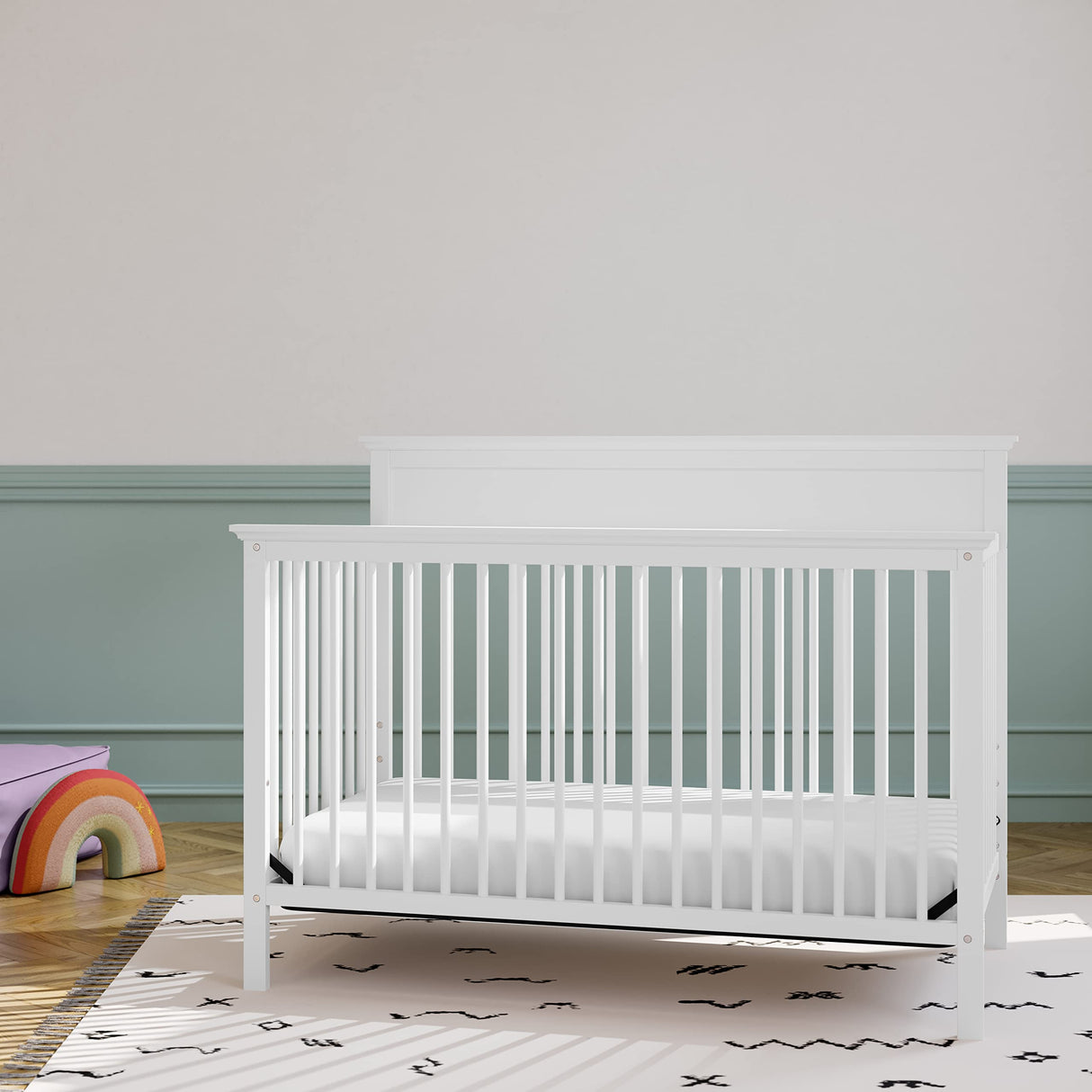 Storkcraft Carmel 5-in-1 Convertible Crib (White) - GREENGUARD Gold Certified, Converts to Toddler Bed & Full-Size Bed, Fits Standard Full-Size Crib Mattress, 4 Adjustable Mattress Heights Storkcraft