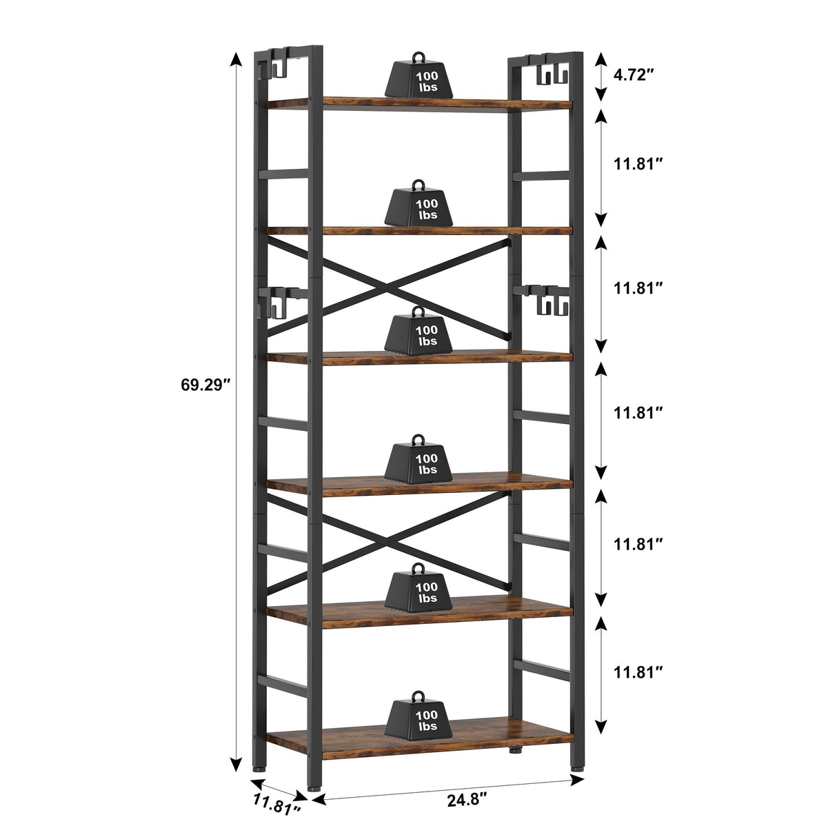 6 Tier Bookshelf, Industrial Bookcase with 8 Hooks, Vintage Storage Rack with Open Shelves, Rustic Standing Bookshelves Metal Frame Display Rack for Living Room, Bedroom, Rustic Brown Homeiju