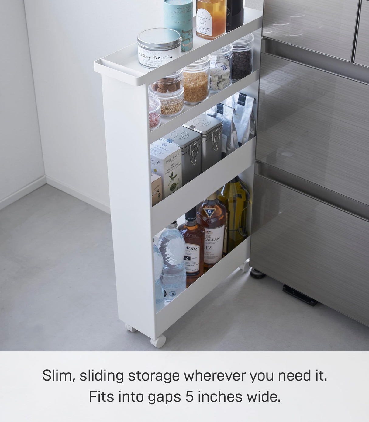 Yamazaki Home Tower Slim 4-Tier Rolling Storage Cart – Mobile Organizer for Kitchen Or Bathroom, 31.7" - Steel - YAMAZAKI