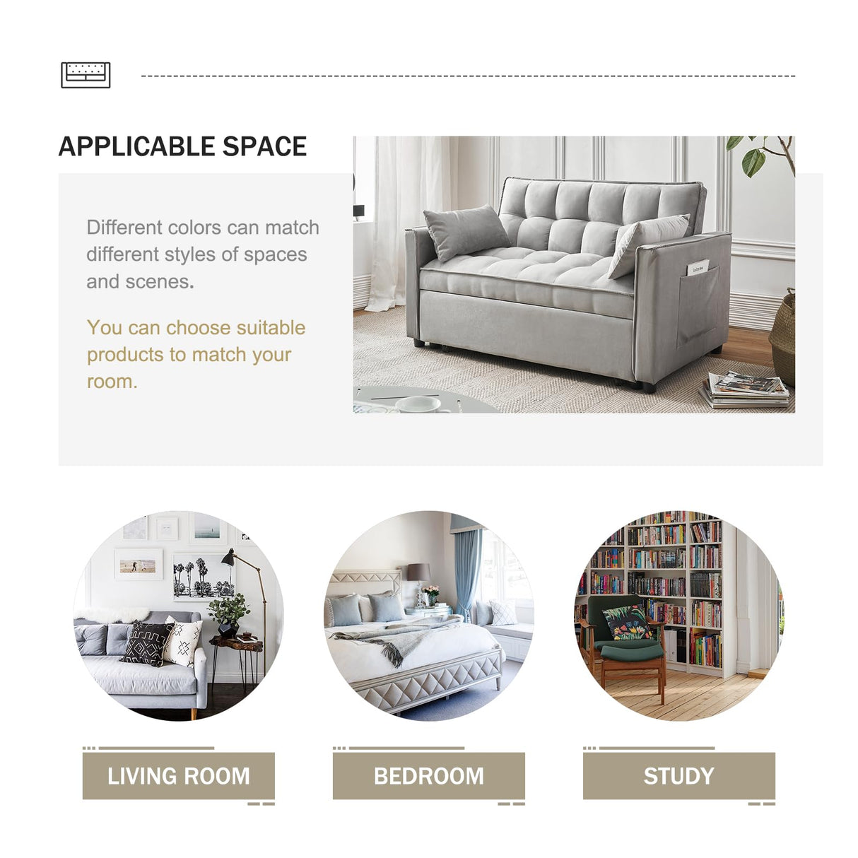 ECHINGLE Futon Sofa Bed, 3 in 1 Sleeper Sofa Couch Bed with Armrests, Storage Pockets and 2 Pillows, Adjustable Backrest, Sofa Bed Couch for Living Room, Bedroom, Office,Reading Room(Grey) ECHINGLE