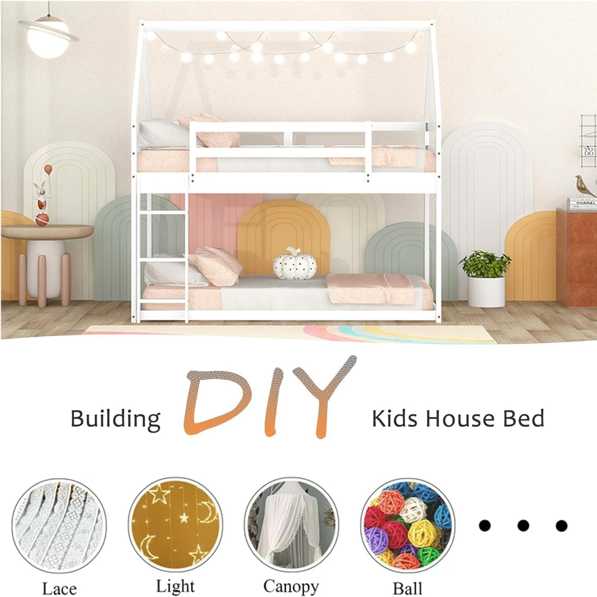 Bellemave Low Twin Over Twin House Bunk Bed for Kids - Solid White Wood with Ladder and Guardrails Bellemave