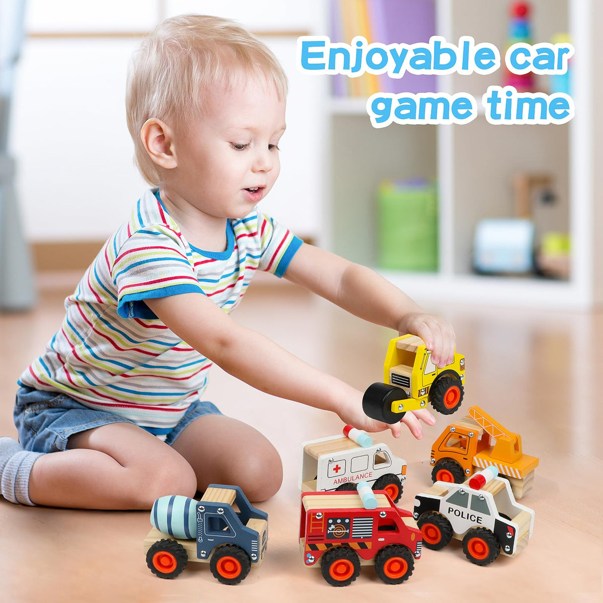 DIPALENT 6Pcs Wooden Cars for Toddlers 1-3, Push and Go Vehicles, Kid Toys, Hand Push Cars for 1+ Year Old, Montessori DIPALENT