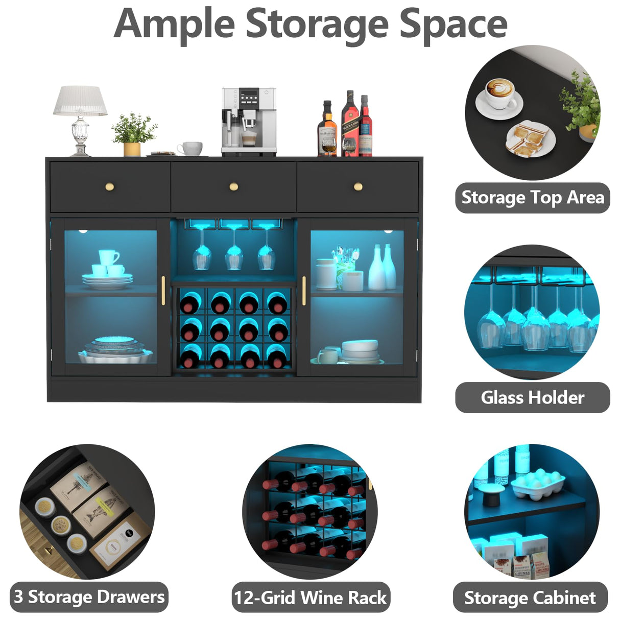 Auromie Wine Bar Cabinet with LED Light, Home Coffee Cabinet with Wine and Glass Rack, Kitchen Buffet Sideboard with Storage Drawers & Adjustable Shelves, Modern Liquor Cabinet with Glass Door (Black) Auromie