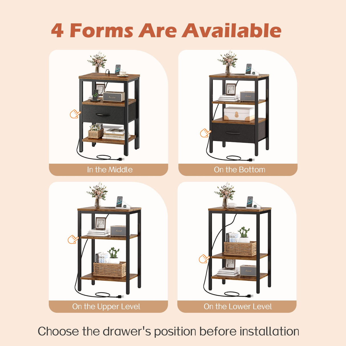 SUPERJARE Nightstand with Charging Station, Bed Side Table with Adjustable Fabric Drawer, Night Stand for Bedroom, 3-Tier Storage End Table, for Living Room, Rustic Brown and Black SUPERJARE