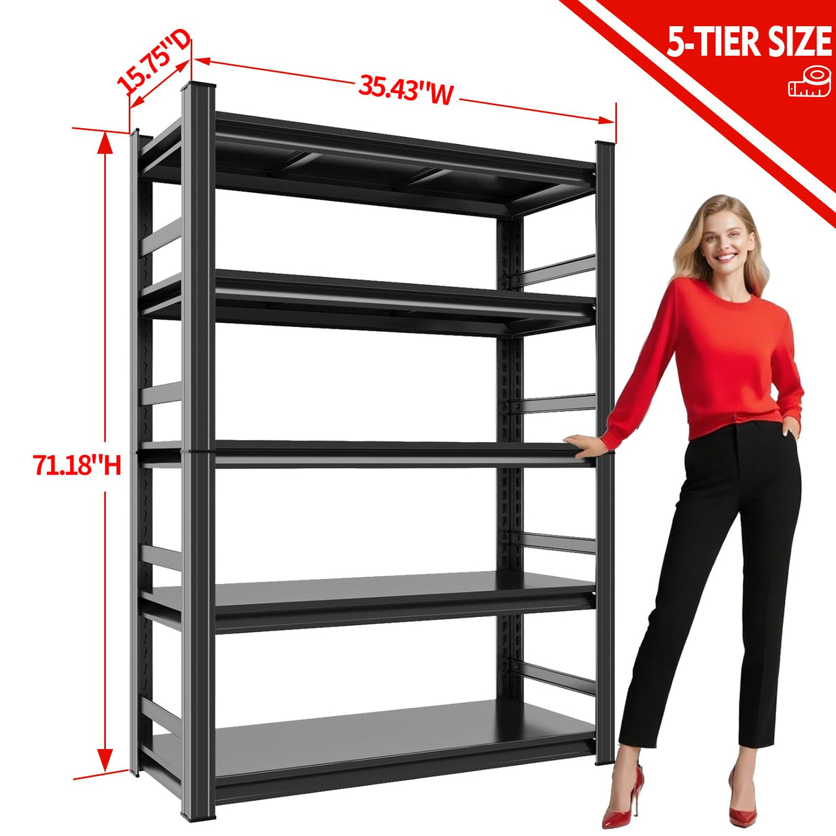 72"H Storage Shelves 5-Tier Garage Shelving 3500LBS - Commercial Steel Storage Rack Adjustable Metal Shelving Unit for Garage, Basement, Warehouse, Pantry, Kitchen, 72"H x 16"D x 36"W, Black PRESTELION