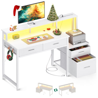 AODK 48-Inch Computer Desk with Fabric File Cabinet and Fabric Drawers, Reversible Office Desk with LED Strip and Power Strip, Gaming Desk with Monitor Riser, Writing/Study Table for Home, White