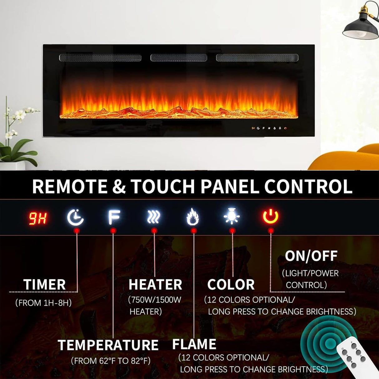 oneinmil Electric Fireplace, 50 inch Wide Recessed/Wall Mounted Electric Fireplace, Remote Control with Timer 12 Adjustable Color Flame, Remote Control,with Crystal Stone, 750/1500W oneinmil