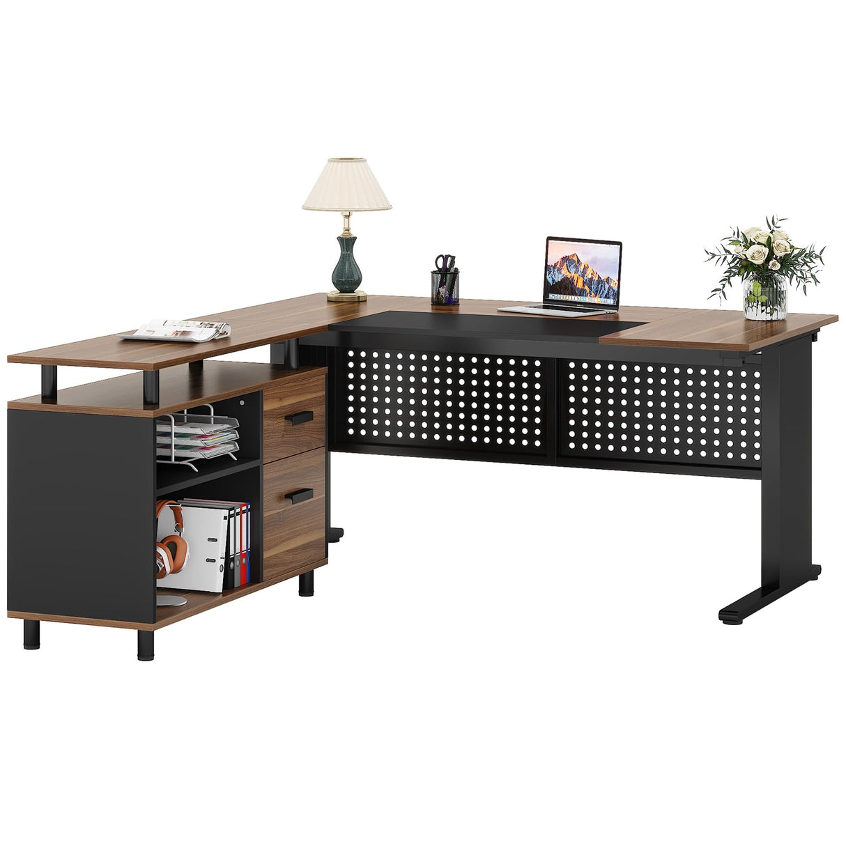 Tribesigns 63 Inch Executive Desk with File Cabinet, Large Office Desk L Shaped Computer Desk with Drawers and Storage Shelves, Business Furniture Desk Workstation for Home Office, Brown and Black Tribesigns