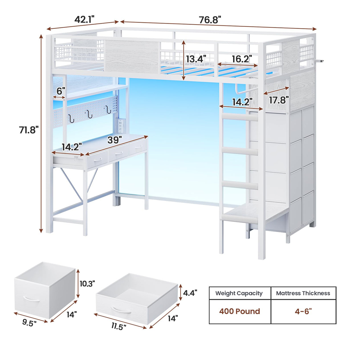 ADORNEVE Twin Size Loft Bed with Desk, 11 Storage Drawers & RGB LED Lights, Metal Loft Bed with Power Outlet, Shelves & Clothing Rack, 13.4" H Safety Guard & Paded Ladder, White ADORNEVE