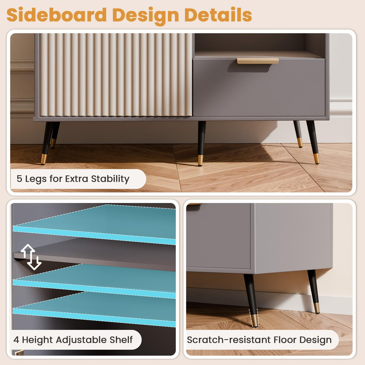 MODNEST 31" Fluted Sideboard Cabinet with Door and Drawer, Sideboard Buffet Cabinet with Storage, Coffee Bar with Adjustable Shelves for Kitchen, Living Room, Entryway, 31.5"x15.7"x31.5", Grey MODNEST