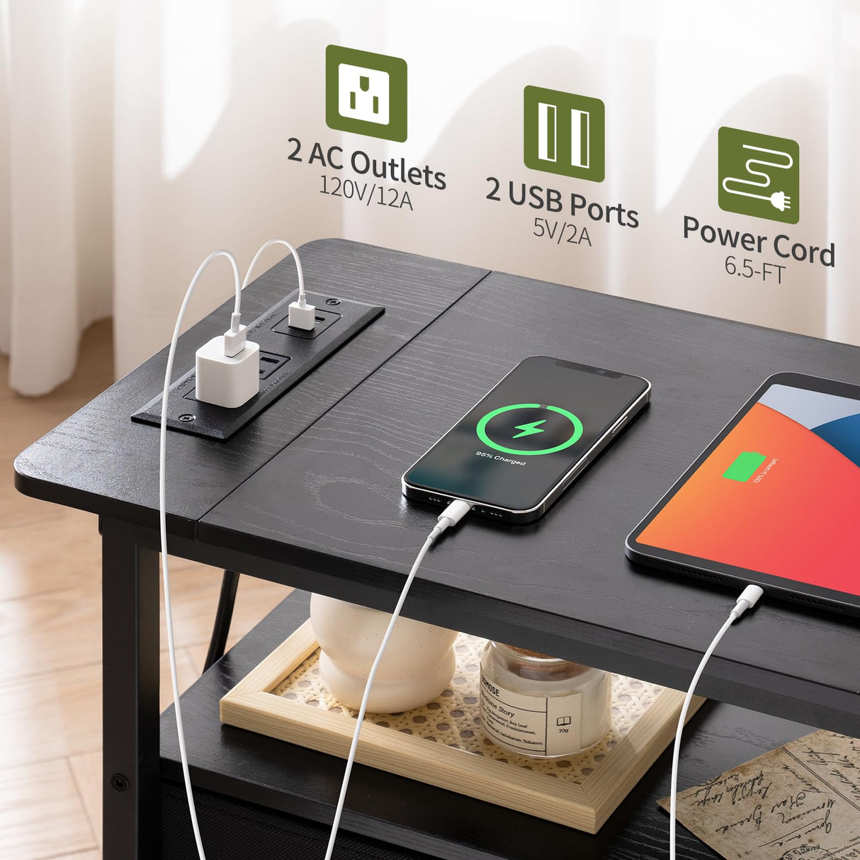 Yoobure End Table with Charging Station, Narrow Side Table LED Small Night Stand, Skinny Nightstand with Fabric Drawers, Bedside Table End Tables Living Room, Side Tables Bedroom for Small Spaces Yoobure