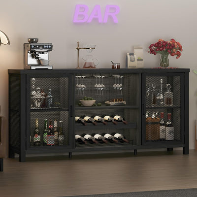 Launica Liquor Bar Cabinet, Industrial Wine Bar Cabinet, Rustic Sideboard Buffet Cabinet for Liquor, Glasses & Coffee Bar with Storage Rack for Home Kitchen Dining Room, Dark Grey Oak, 55 In