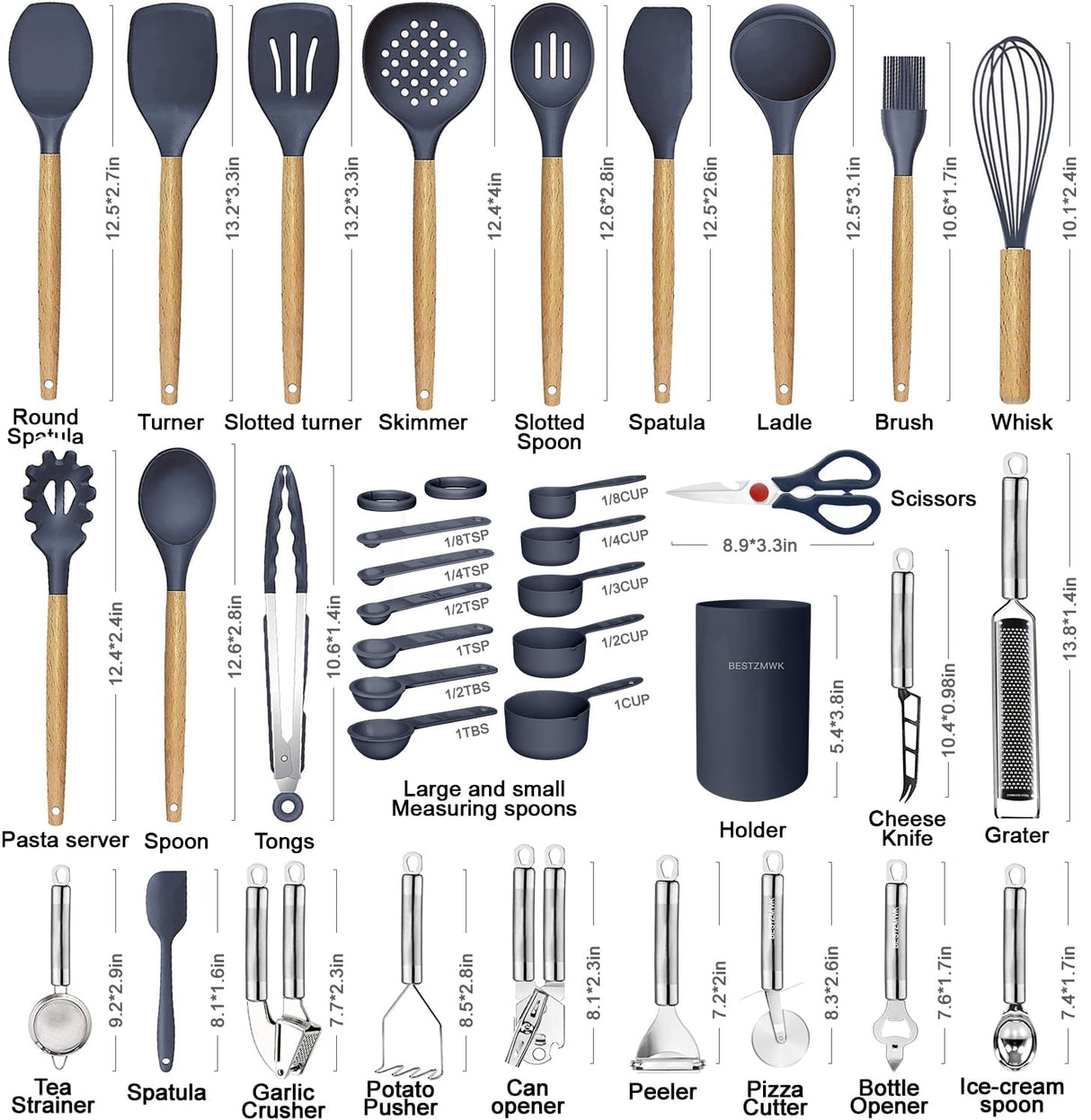 Cooking Utensils Set- 35 PCs Kitchen Utensils with Grater,Tongs, Spoon Spatula &Turner Made of Heat Resistant Food Grade Silicone and Wooden Handles Kitchen Gadgets Tools Set for Cookware BESTZMWK