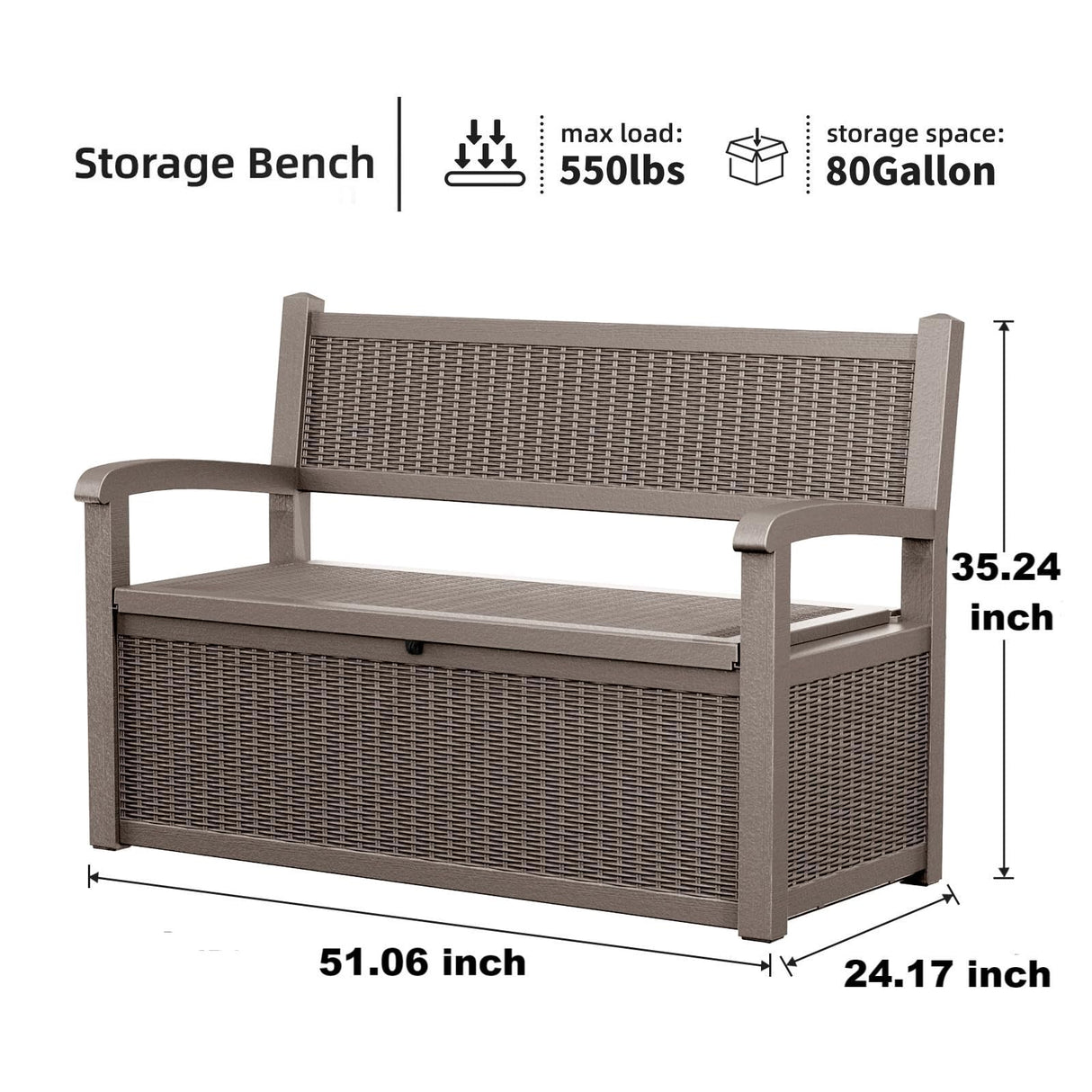 ROJIK 80 Gallon Storage Bench Deck Box Outdoor with Armrests,Storage Furniture Waterproof Lockable for Porch Patio and Garden (Grey) ROJIK
