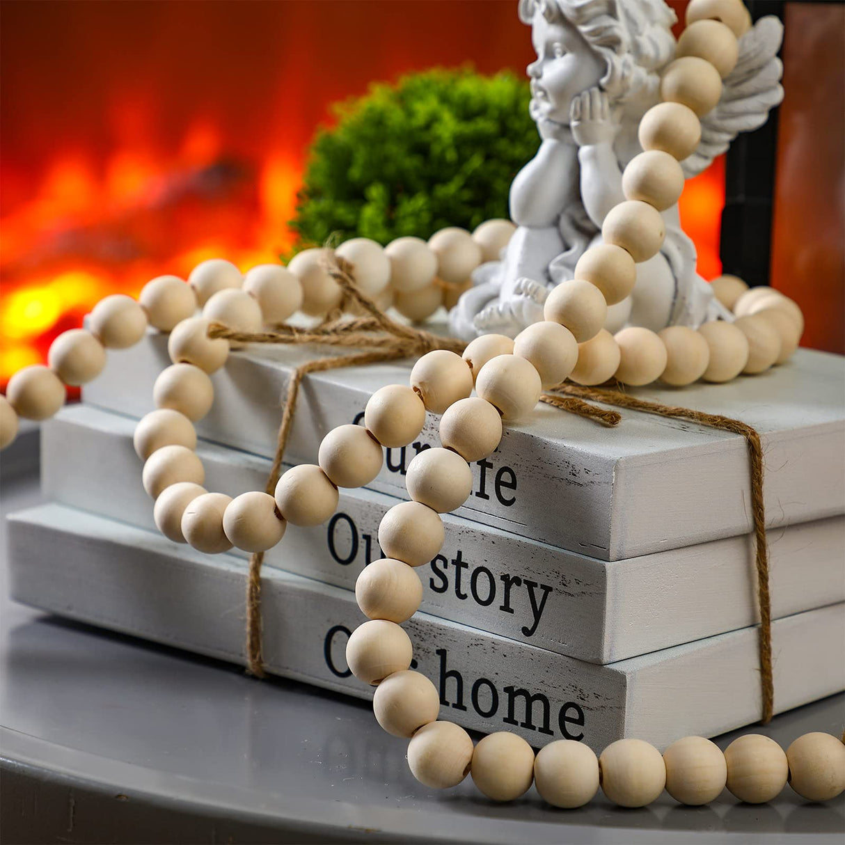 Jetec Decorative Display Books Hardcover, Faux Farmhouse Stacked for Coffee Tables Shelves with Wood Bead Tassels 58 Inch, 3 Pieces, White(Our Life, Our Story, Our Home) Jetec