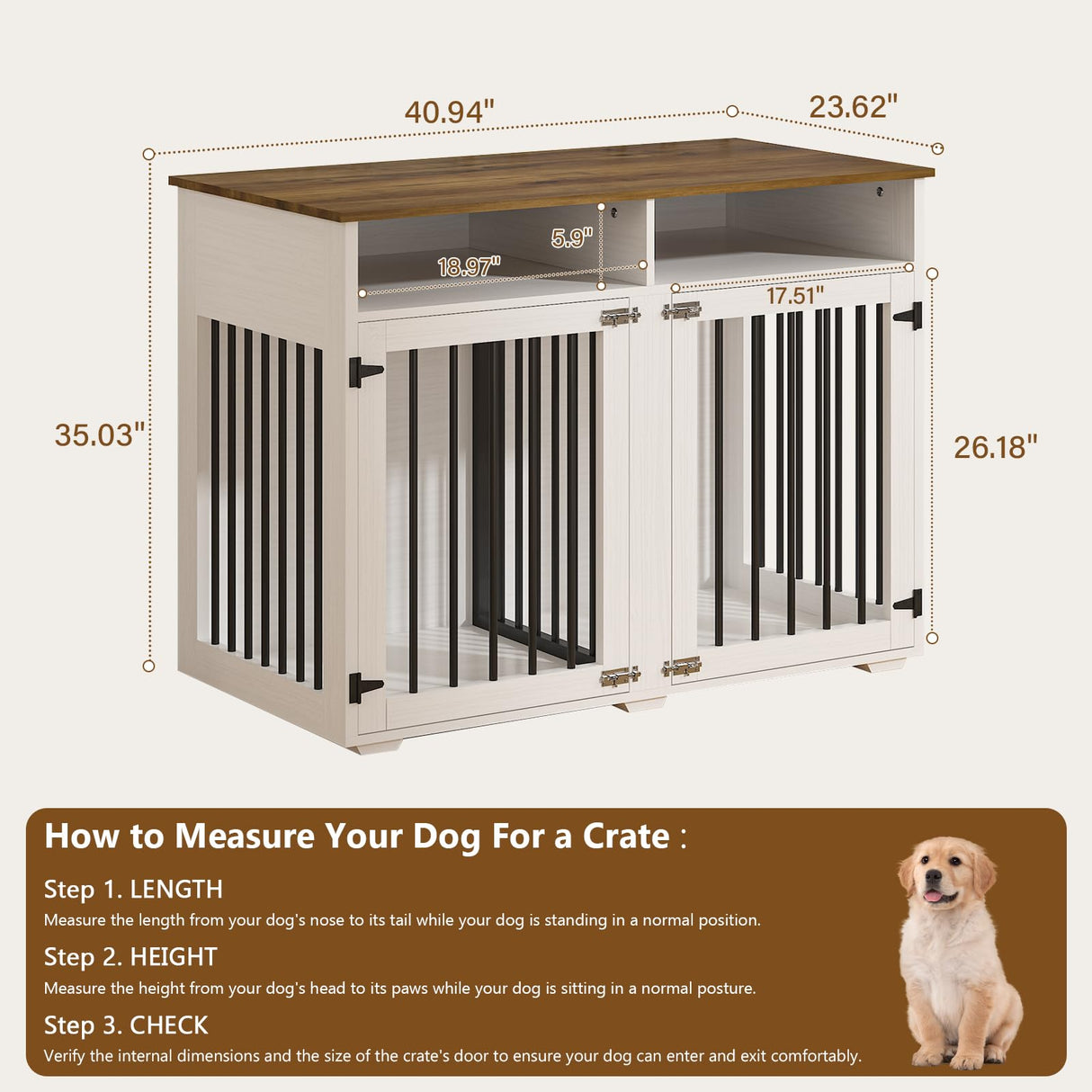 41 inch Dog Crate Furniture, Farmhouse Dog Kennel Indoor with Divider & Shelf Storage, Wooden Indoor Dog Crate for 2 Dogs, Decorative Pet Crate End Table for Large Dogs, White REVOMINCA
