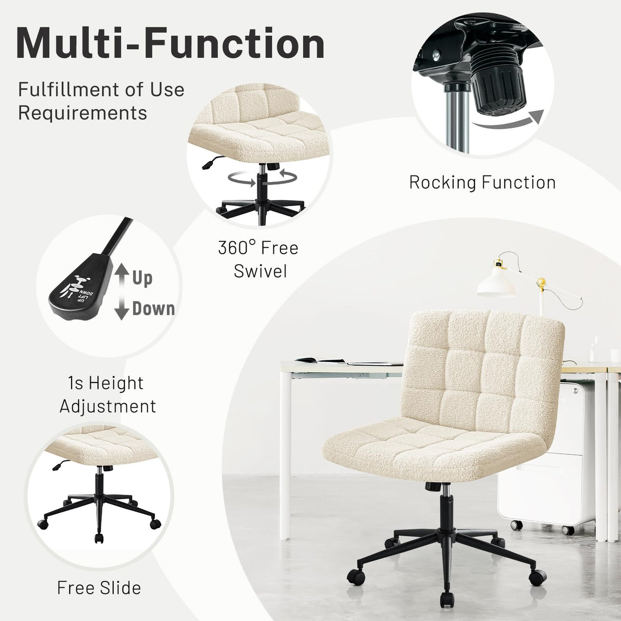 Furniliving Wide Desk Chair, Faux Fur Upholstered Office Chair with Wheels, Adjustable Accent Chair with Thicken Seat, Computer Chair for Living Room, Study Room, Home Office, IvoryWhite Furniliving