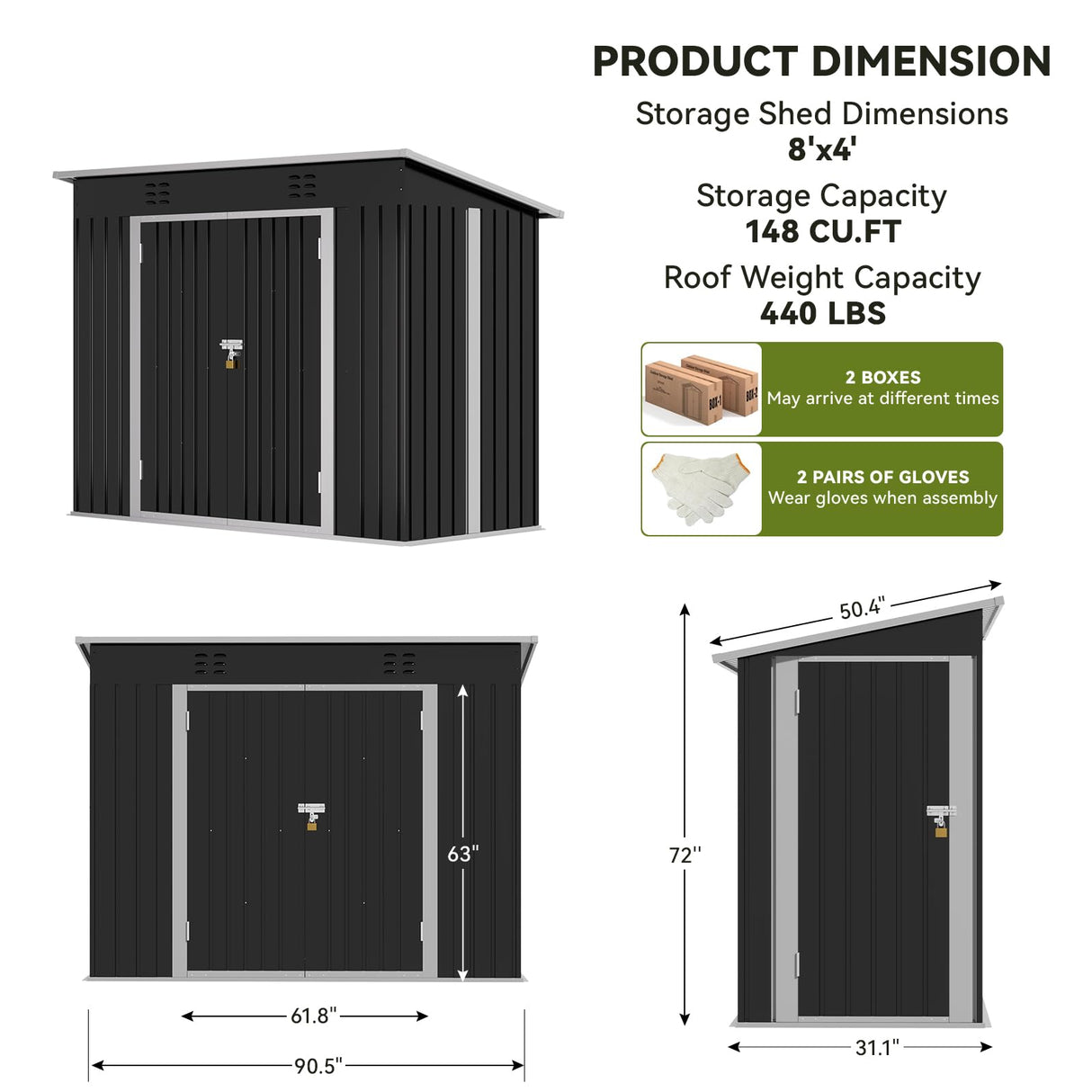 COMHOMA Shed Outdoor Storage Shed Metal,Lockable Doors Tool Sheds with Sloping Roof,Steel Garden Shed with Air Vent for Backyard,Patio,Lawn,Poolside (Grey, 8'*4') COMHOMA