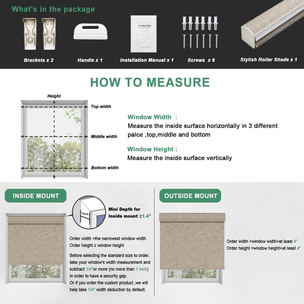 Tonature 100% Blackout Roller Blinds Cordless Shades with Natural Linen Fabric,Roller Blinds for Indoor Windows,Custom Blinds & Shades for Home,Bedroom,Custom Size,Khaki(Blackout) Tonature