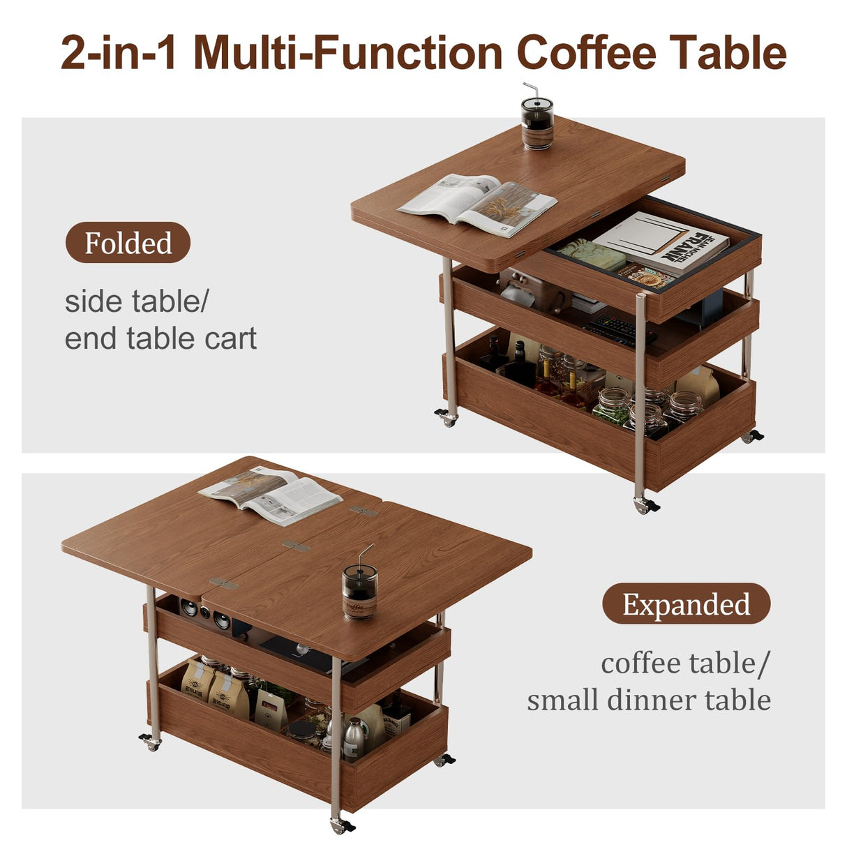 Flip Top 2-in-1 Multi-Function Coffee Table on Wheels, Extendable Center Table with Storage and Hidden Compartment, Convertible End Table Side Table Small Dining Table for Apartment Small Spaces CycleCrew