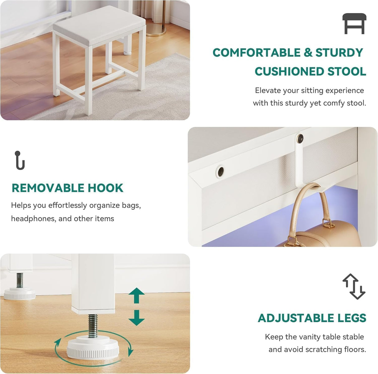 YITAHOME Modern Vanity Desk with Stool, Small Makeup Table with Drawers and RGB Lights, Power Outlet, Interchangeable Side Hook & Side Pocket, No Mirror Design (31.5 x 15.7 x 34.3 Inches, Pearl White) YITAHOME