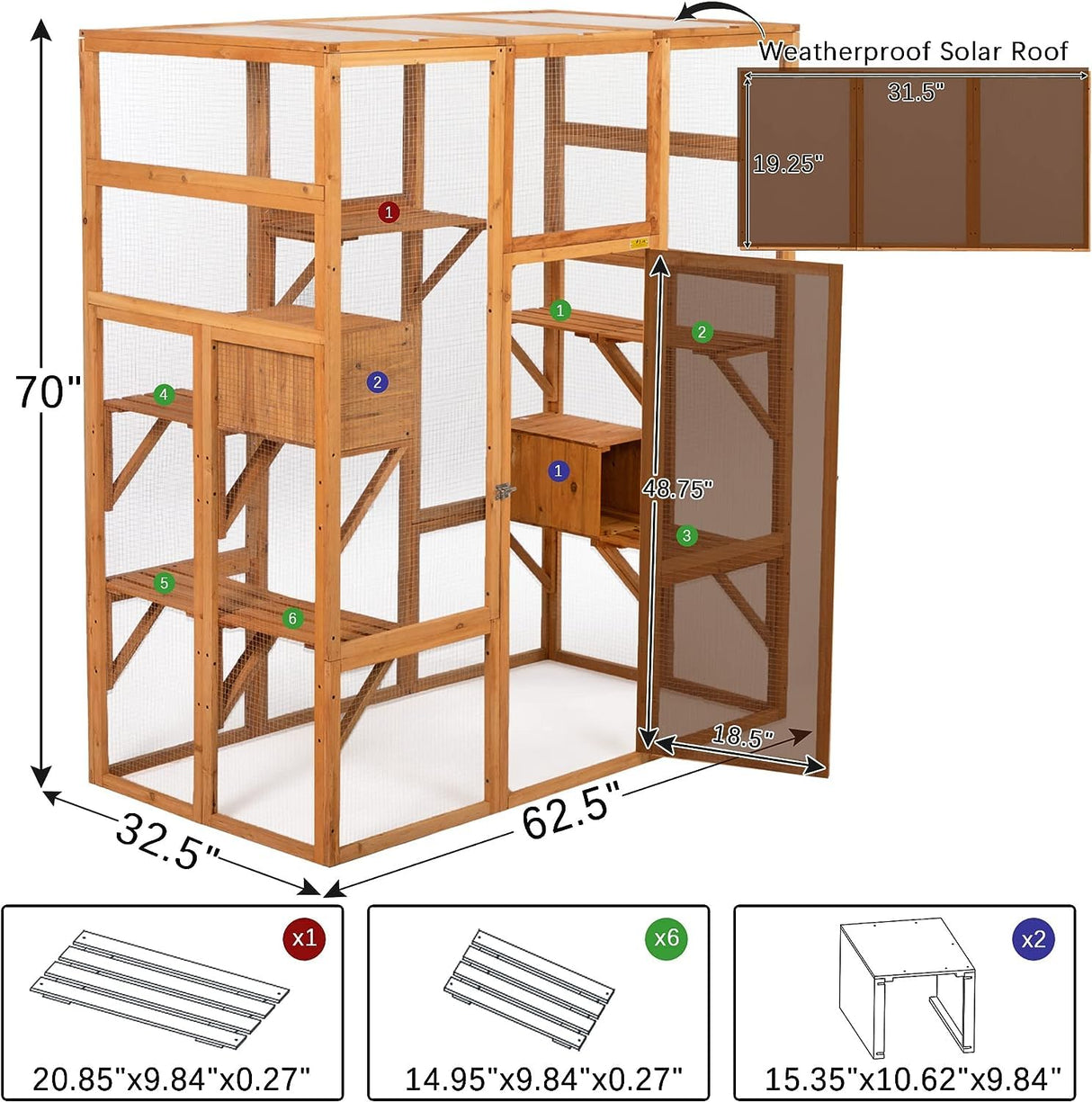 COZIWOW Large Wooden Cat Cage with Perches and Condos, Play & Run Enclosures Indoor Kitty Window Kennel with Waterproof Roof, 7 Platforms & 2 Resting Box, UV Resistant, 62.4"L x 32.4"W x 70"H, Orange COZIWOW