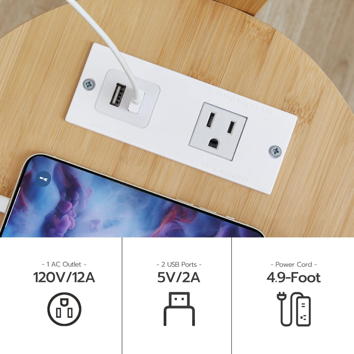 HOOBRO Set of 2 Round Side Tables with Charging Station, Round Accent End Table with Bamboo Legs for Living Room, Bedroom, White and Natural YW101UBZP201 HOOBRO