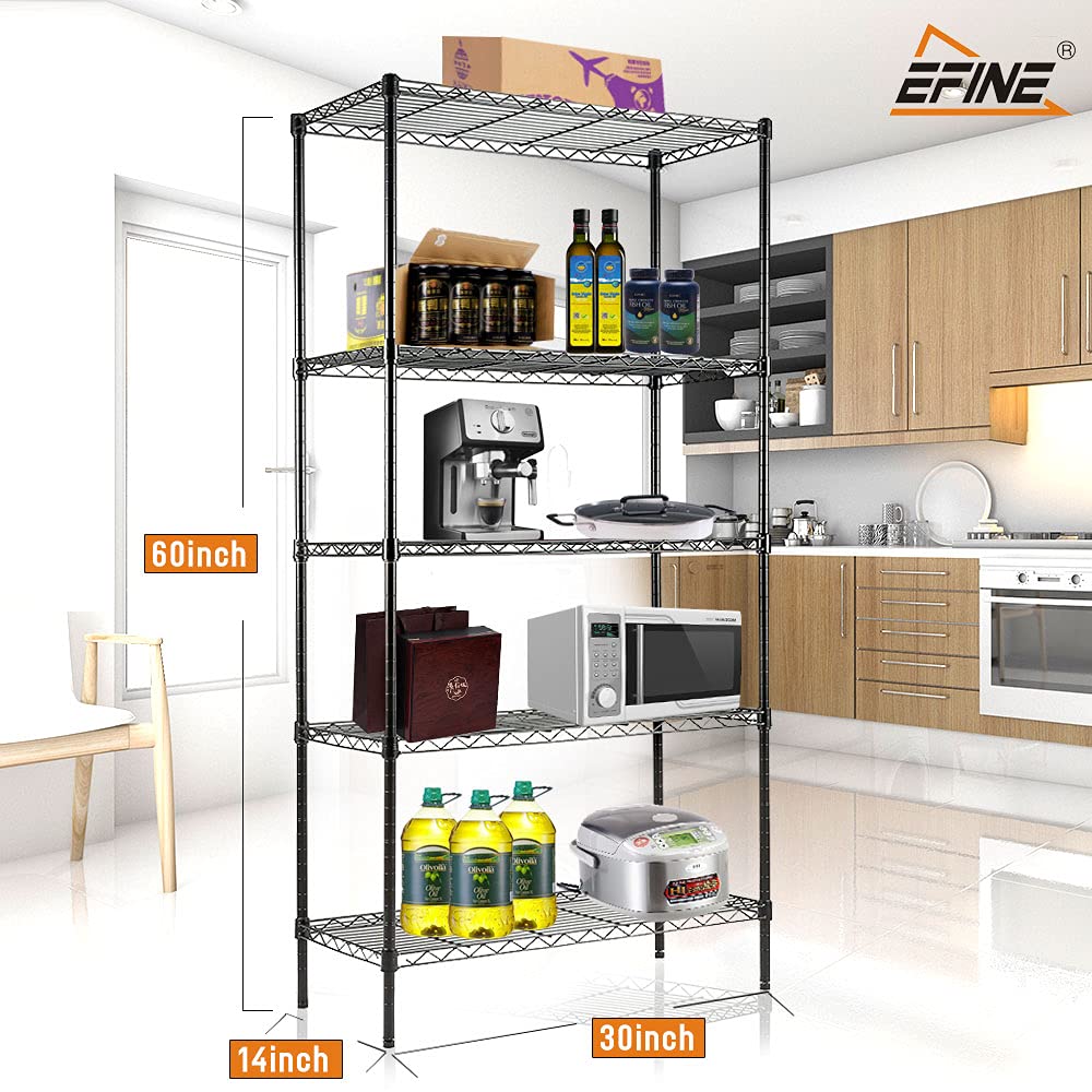 EFINE 5-Shelf Shelving Unit with Shelf Liners Set of 5, Adjustable, Steel Wire Shelves, 150lbs Loading Capacity Per Shelf and Storage for Kitchen and Garage (30W x 14D x 60H) Black Catalina Creations