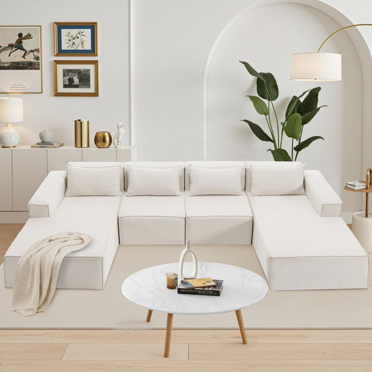 VIKAYAMICS 140" Modular Sectional Sofa, U-Shape Cloud Sectional Couch with Ottoman, Upholstered Chenille Boneless Couch Sofa Set for Living Room Bedroom No Assembly Required (Classic Beige) VIKAYAMICS