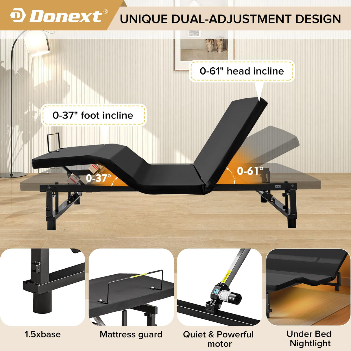 Donext Adjustable Bed Base Fabric Covered, King Bed Frame, Independent Head and Foot Incline, Zero Gravity Quiet Motor, Wireless Remote Control, 4 Ports USB, Under-Bed Nightlights, Electric Bed Base Donext