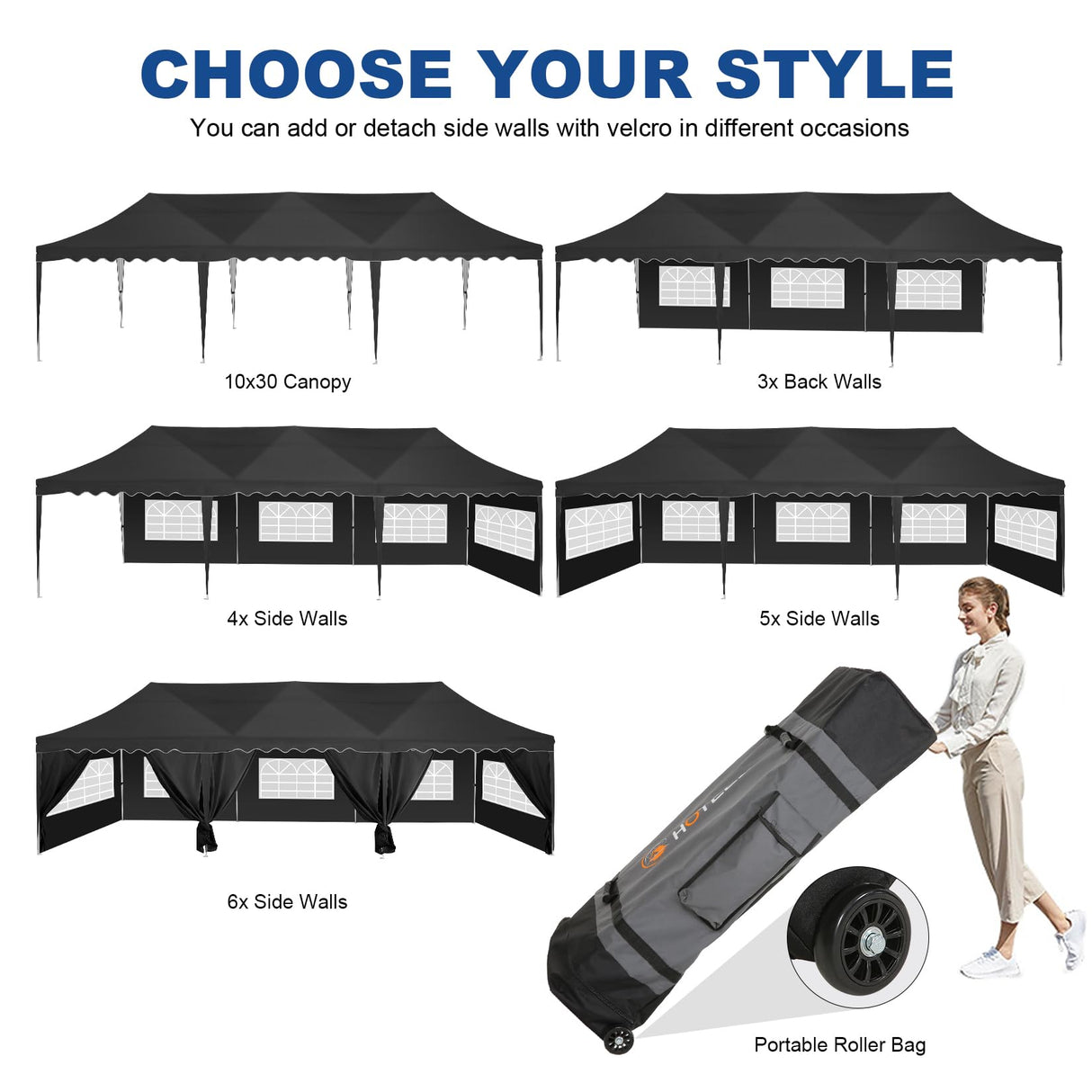 HOTEEL 10x30 Canopy Tent with Walls 10x30 Party Tent, Waterproof Easy Setup Canopy Tent 10x30 with Roller Bag and Weight Bags, Outdoor Pop Up Canopy Tent for Parties,Events,Backyard,Wedding, Black Hoteel