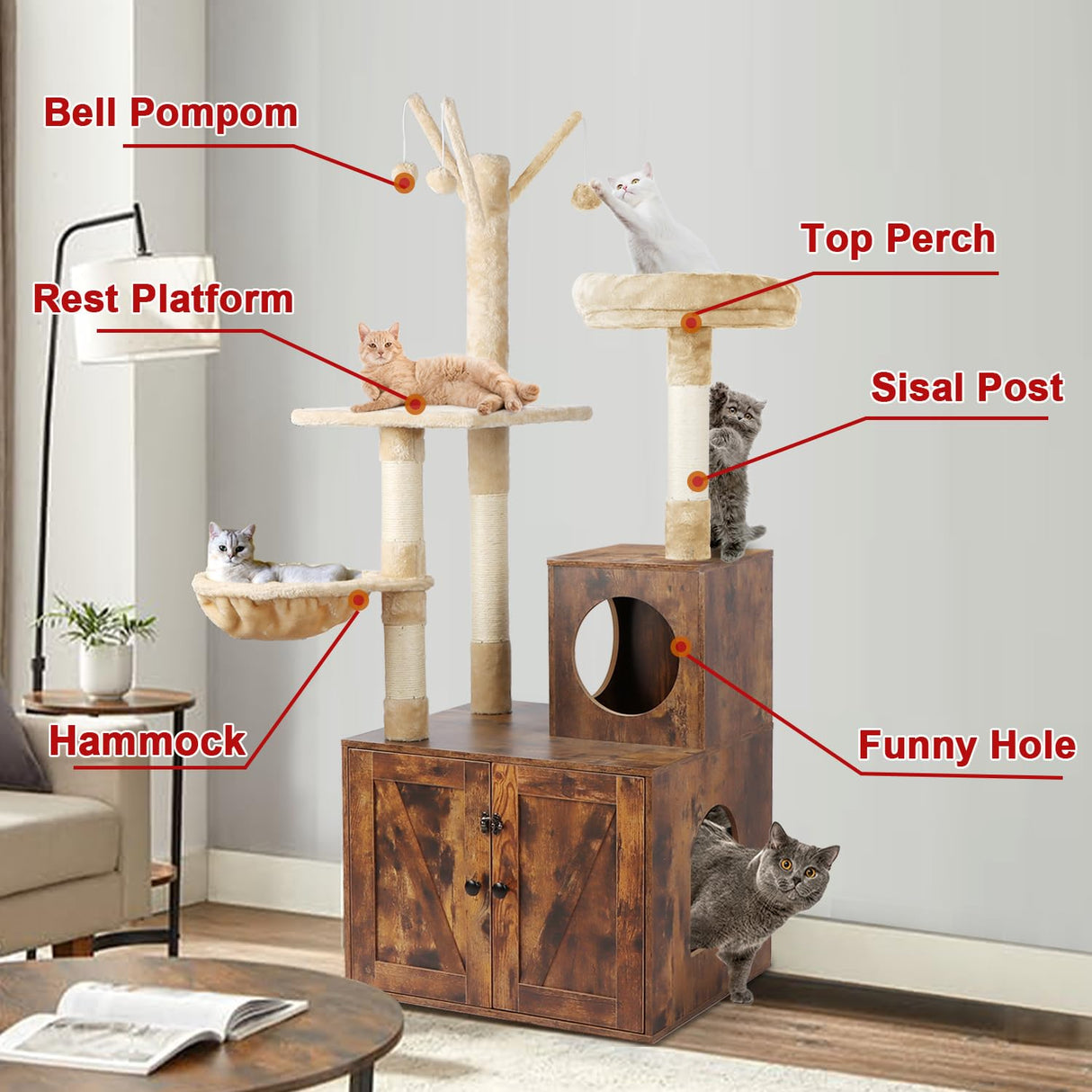 Timberer Cat Tree Tower with Litter Box Enclosure, 2-in-1 Wooden Cat Condo with Sisal Scratching Post, Hammock, Brown Timberer