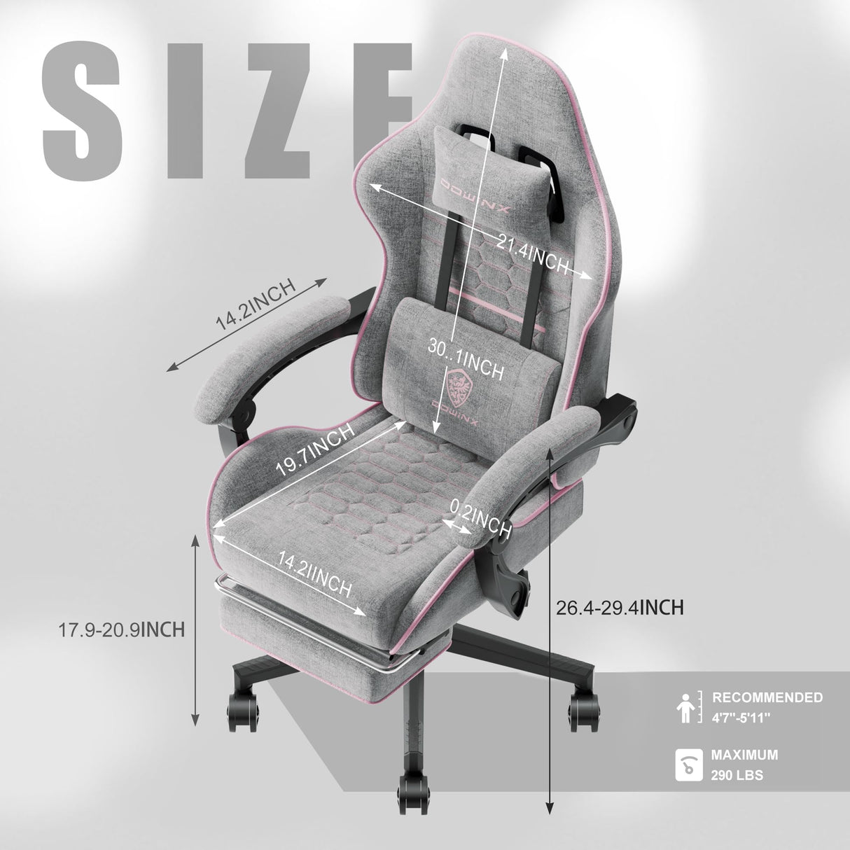 Dowinx Gaming Chair Fabric with Pocket Spring Cushion, Massage Game Chair Cloth with Headrest, Ergonomic Computer Chair with Footrest 290LBS, Pink and Grey Dowinx
