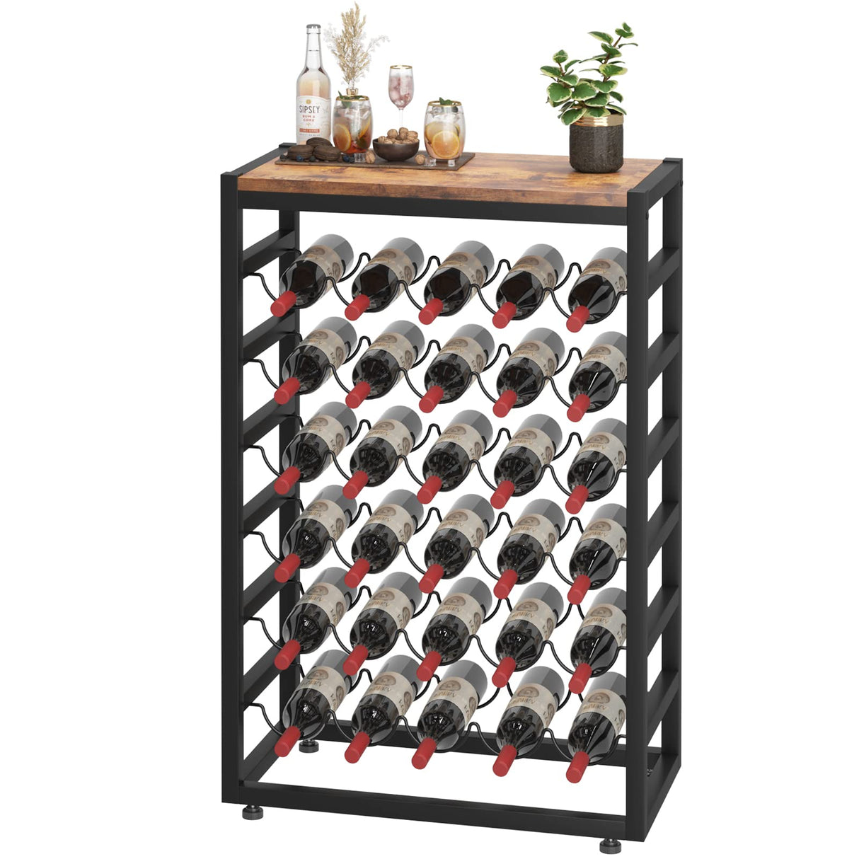 Dripex 30 Bottles Wine Rack Free Standing Floor, 6-Tier Display Wine Storage Shelves with Wooden Table Top, Sturdy Metal Bottle Holder for Kitchen Bar Pantry 23.2''L x 11.8''W x 34.7''H Dripex