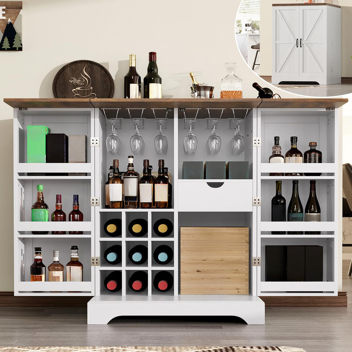 AMERLIFE 61" Farmhouse Bar Cabinet with 9 Wine Racks, Folding Storage Wine Liquor Cabinet, Expandable Coffee Bar Station with Drawer, Mini Bar, Home Bar for Kitchen Dining Room, Rustic White AMERLIFE