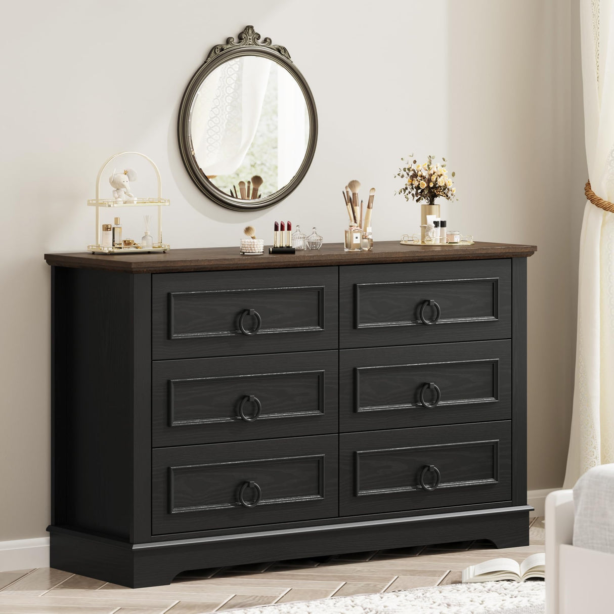 LIKIMIO Farmhouse 6 Drawers Dresser for Bedroom, 47.2" W Modern Dresser with Round Metal Handle, Thickened Desktop, Wood Rustic Chest of Drawers for Bedroom, Hallway, Entryway, Black LIKIMIO