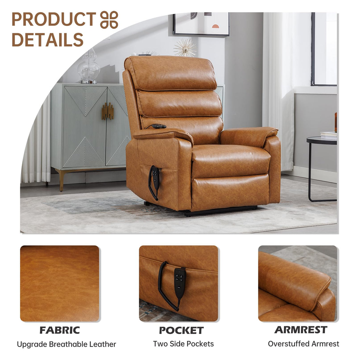 EZZUP Lay Flat Lift Chair with Heat and Massage, Dual Motor Recliner with Infinite Position, Up to 350 LBS Electric Power Lift, Yellow Brown Leather Recliner EZZUP