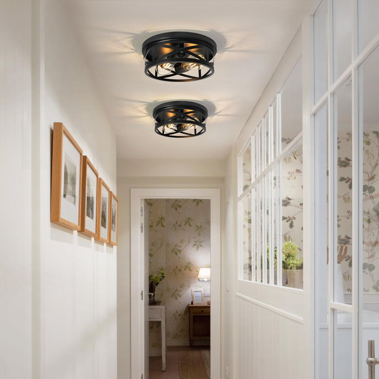 Elekeed 2-Light Flush Mount Ceiling Light Fixture, Farmhouse Ceiling Lights for Kitchen, Modern Black Close to Ceiling Light for Hallway Bedroom Balcony Porch Stairway, E26, (2 Pack) Elekeed