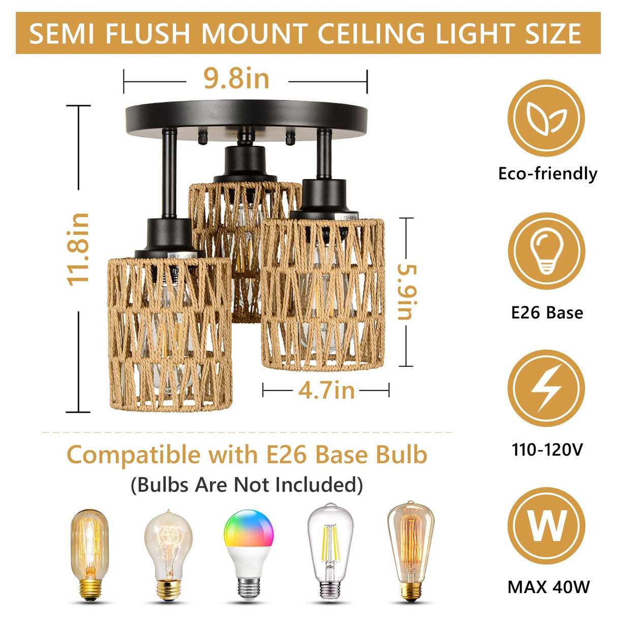 3-Lights Boho Light Fixtures Ceiling Mount, Farmhouse Rattan Chandelier, Hand Woven Cage Shade Semi Flush Mount Ceiling Lights for Bedroom Foyer Entryway Kitchen, Hallway Rattan Light Fixtures Ceiling Stepeak