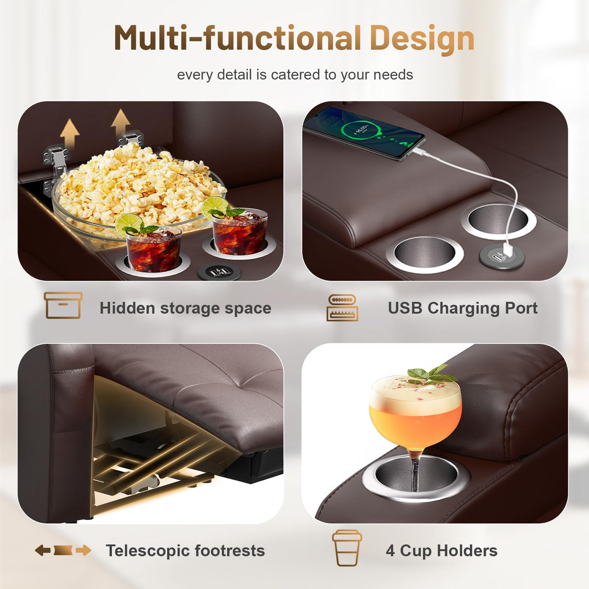 TOMOSLTER Loveseat Recliner Sofa, Home Theater Seating Massage Reclining Couch with USB, Center Console, Wall Hugger RV Recliners, 145° Adjustable Recline & Cup Holders, for RV & Movie Room TOMOSLTER