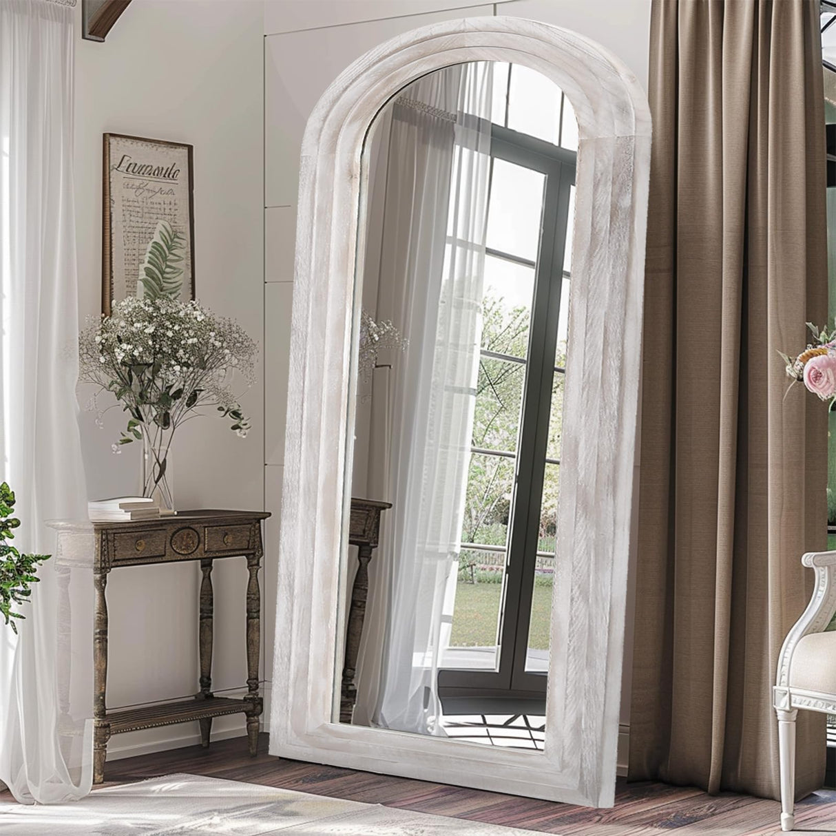 ZHUNFA Arched Full Length Mirror with Solid Wood Frame, 71x32 Farmhouse Wall Mirror Full Length with Stand, Vertical Hanging, Leaning Standing for Bedroom, Living Room, Rustic White ZHUNFA