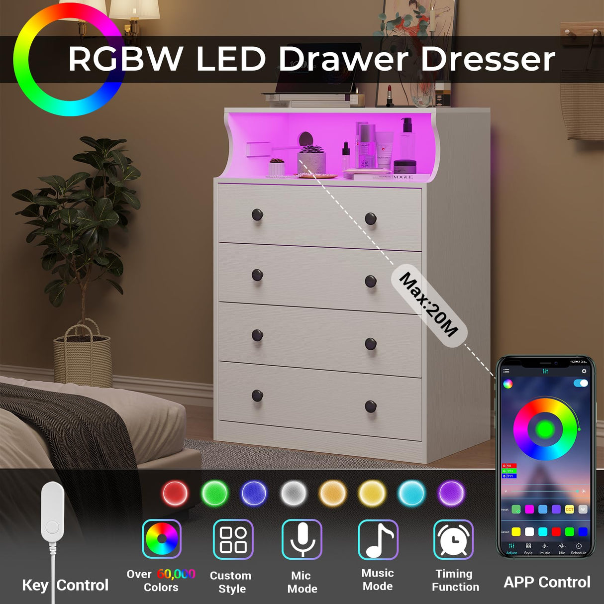 Hasuit White Dresser with Charging Station, LED Dresser with 4 Large Drawers, Chest of Drawers with Open Space, Large Capacity Tall Storage Cabinet, White Dresser for Bedroom Hasuit